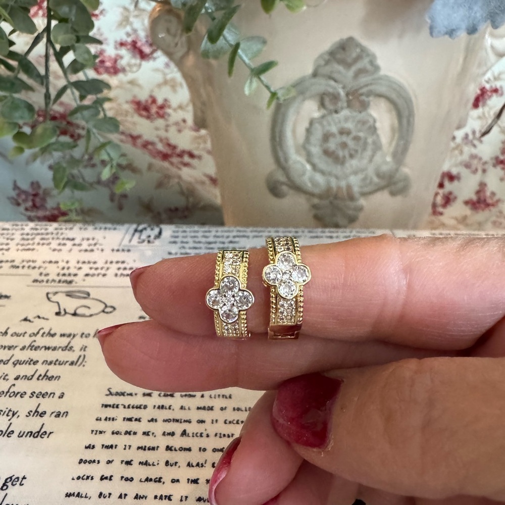 Stainless Steel Gold Crystal Clover Hoop Huggies Earrings - Women Jewelry